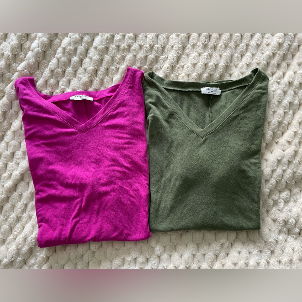 Zenana Women’s V-neck Short Sleeve Tunic Tops XL Fuchsia Pink Olive Green